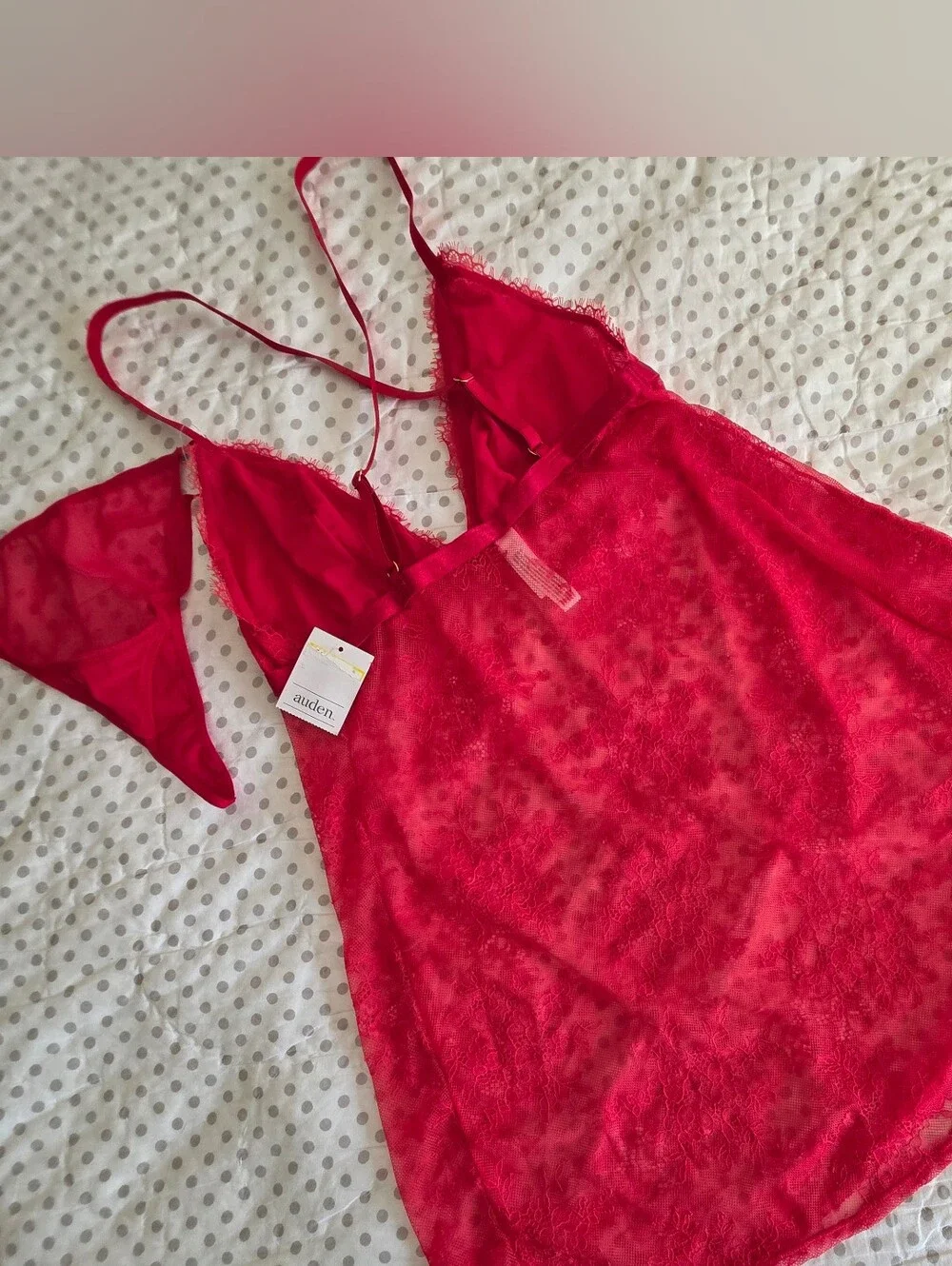 Auden Cherry Red Sheer Lace Baby Doll Mini & Thong Lingerie Set Size L